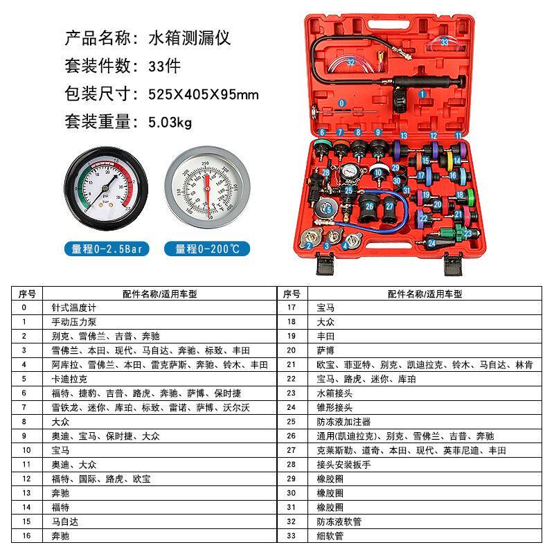 33件汽车水箱测漏仪压力表冷却系统打压工具防冻液手动更换加注器
