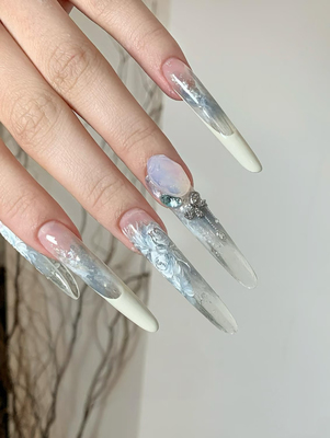 纯手工穿戴甲超长款美甲贴片成品假指甲显白高级感玫瑰蝴蝶结蓝