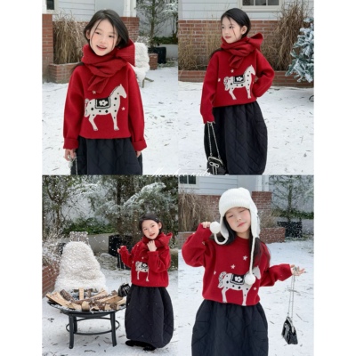 男女童马年新年红色提花针织衫