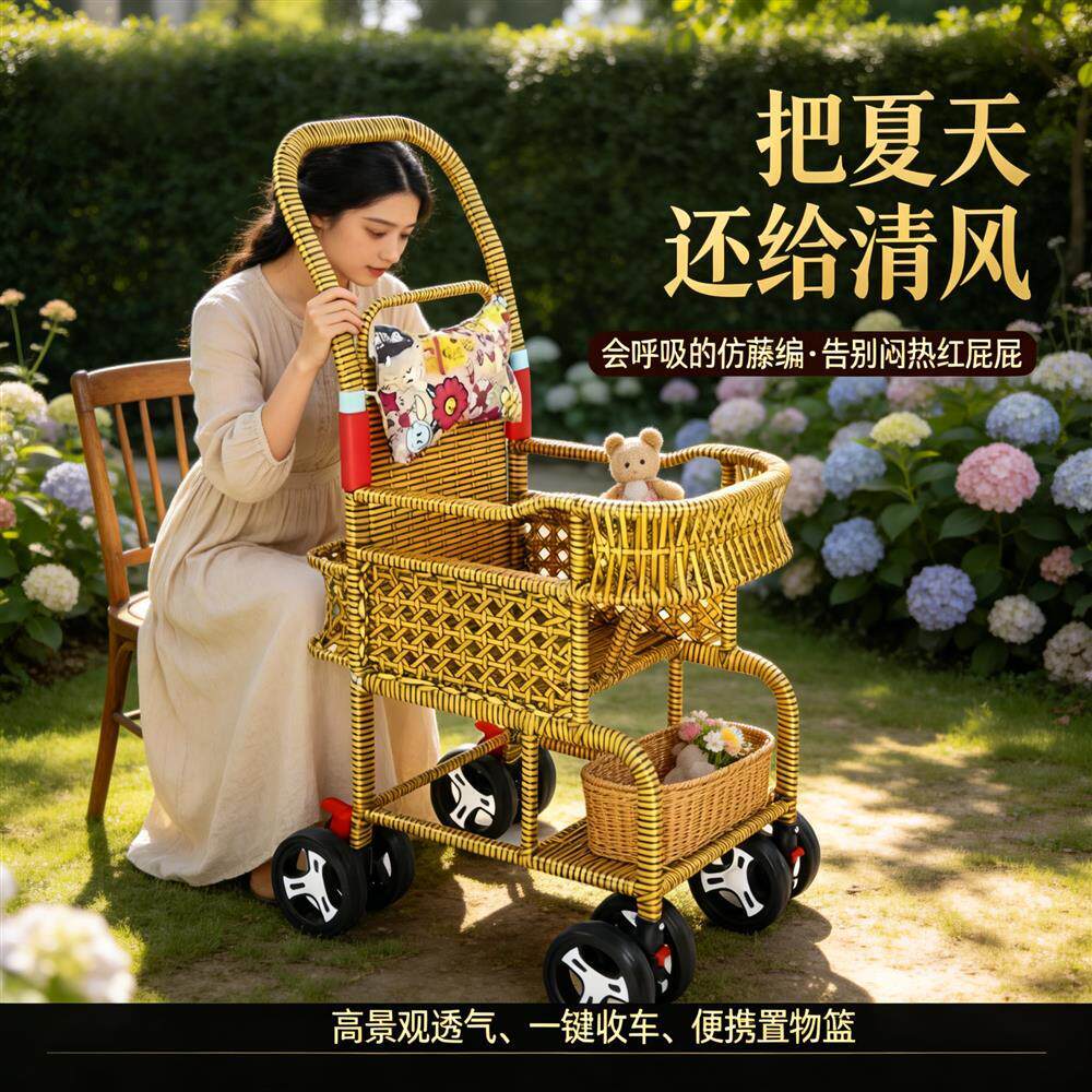 2026新款藤编婴儿推车四季通用可坐躺轻便折叠万向轮幼儿手推车xx