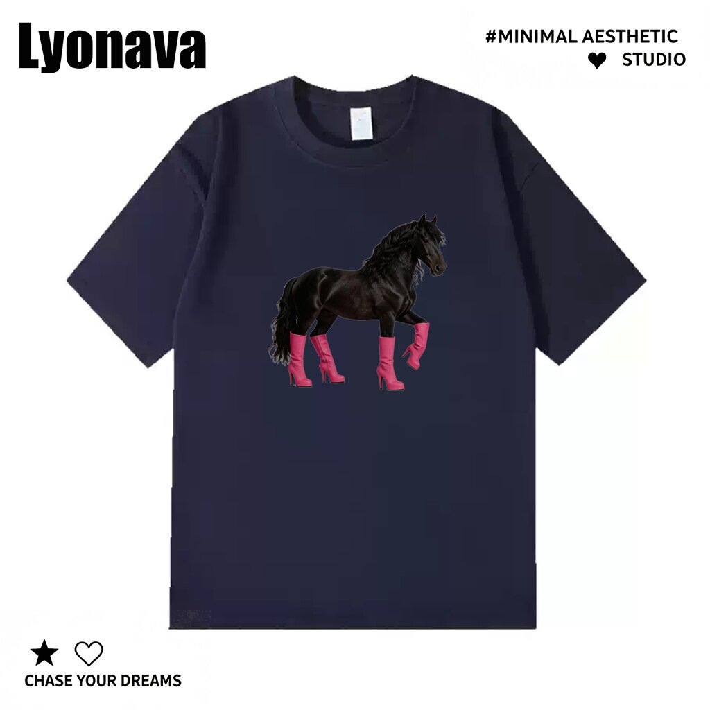 Lyonava粉靴黑马搞怪马趣味运动创意百搭男女通勤宽松纯棉短袖t