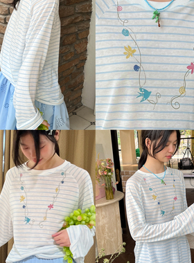 nothe Case「花漫项链」莱赛尔防晒条纹罩衫 花朵藤蔓清爽长袖T恤