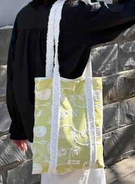 nothe Case「青野絮藤」刺绣镂空大容量托特包 嫩绿清新单肩包