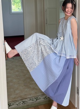 nothe Case「花窗漫游」文艺蓝色碎花拼接裙 宽松设计感A字半裙