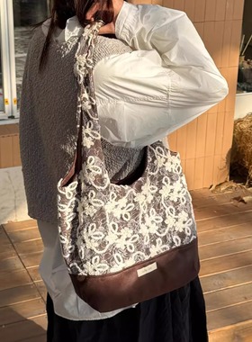 nothe Case「璃雾霜花」大容量麂皮拼接单肩包 双面复古春托特包