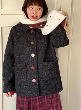 nothe Case「花纱甜酒」手工毛线扣原创毛呢西装 杂灰色宽松外套