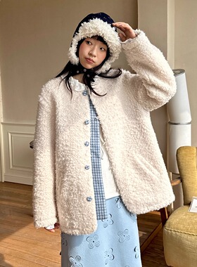 nothe Case「奶白雪林」夹棉加厚 可爱门襟格子羊羔毛外套上衣