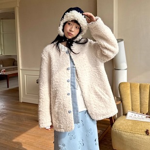 nothe 可爱门襟格子羊羔毛外套上衣 Case「奶白雪林」夹棉加厚