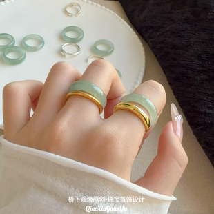 天然冰种和田玉戒指冰晴水玉戒指蓝水翡翠戒指女翡翠玉戒圈情侣款