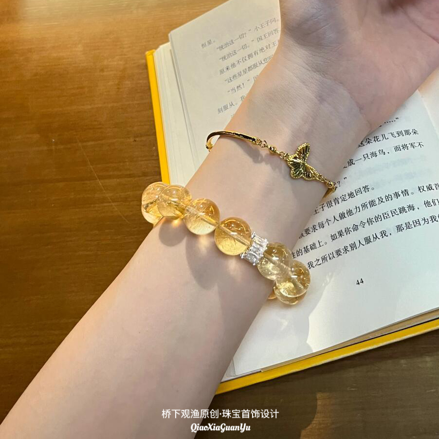 「招财水晶系列」原创设计天然黄塔晶黄水晶草莓晶虎眼石手串手链