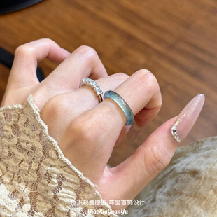 天然A货玉石冰种蓝水翡翠戒指素圈男女款指环介指细玉戒情侣对戒