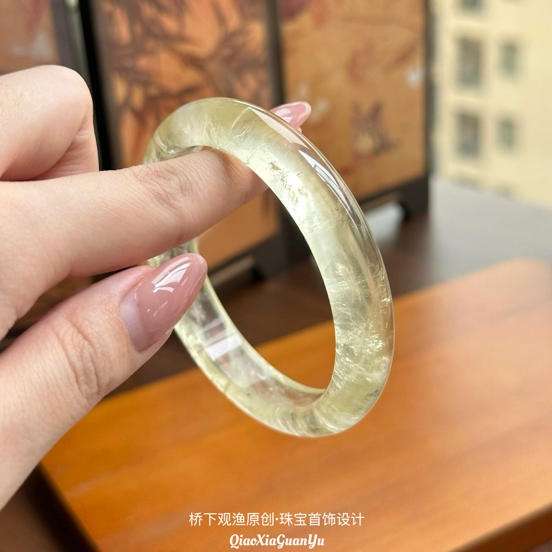 纯天然巴西黄水晶手镯女款新中式柠檬黄冰透感碎冰冰玉镯子送礼物