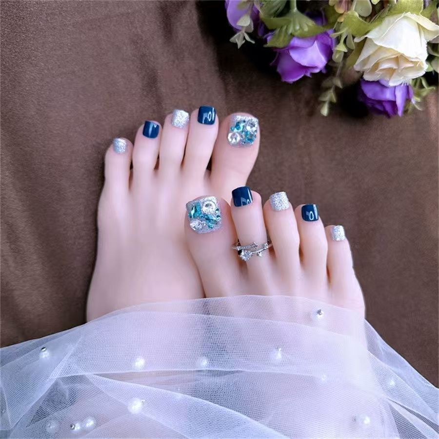 法式豹纹带钻3D花脚趾穿戴甲24片