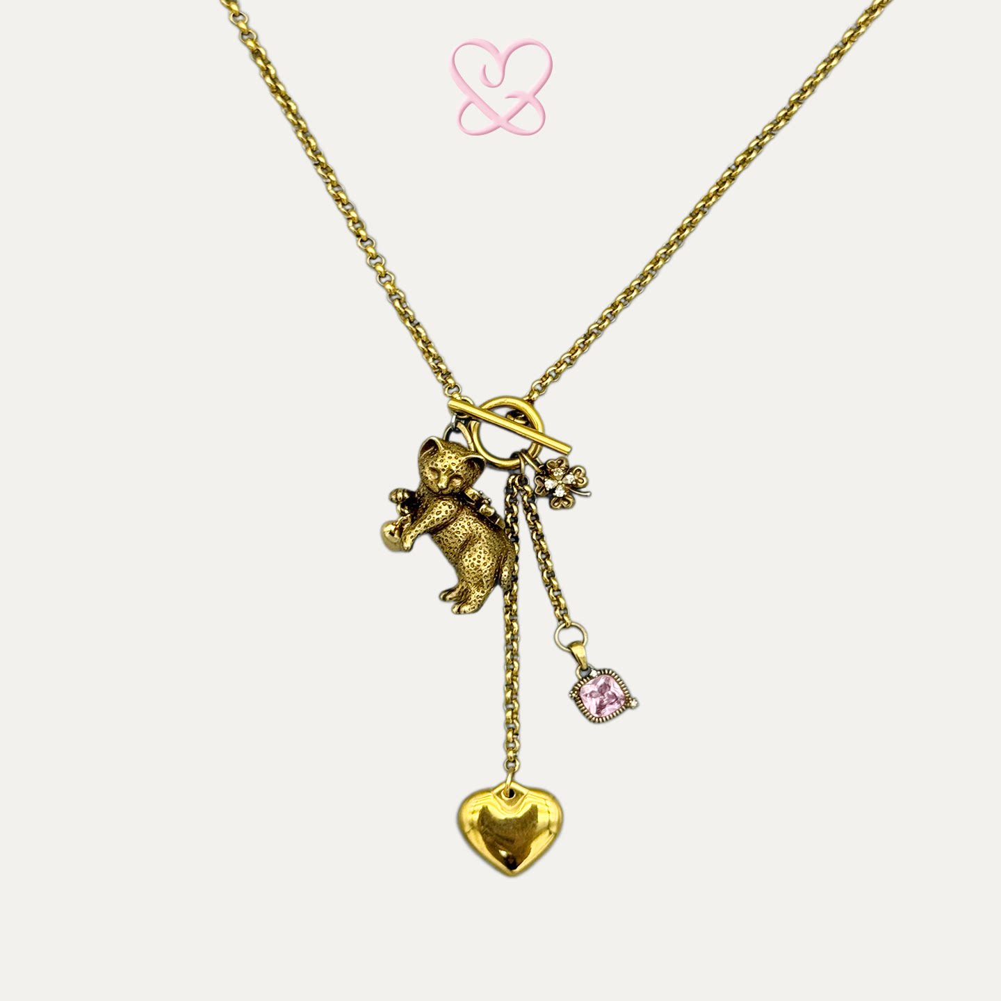 1P Juvilove原1P Jewelry 古金色小猫四叶草爱心锆石吊坠长项链