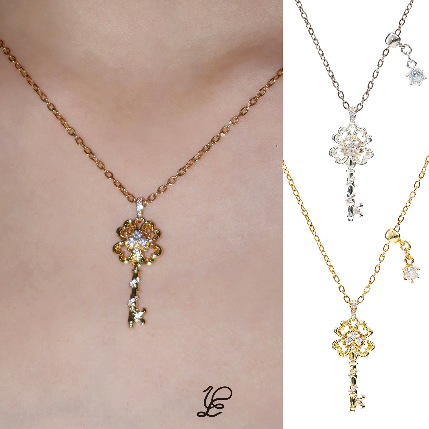 1P Jewelry幸运之钥金银双色三叶草锆石四叶草钥匙锁骨链项链吊坠