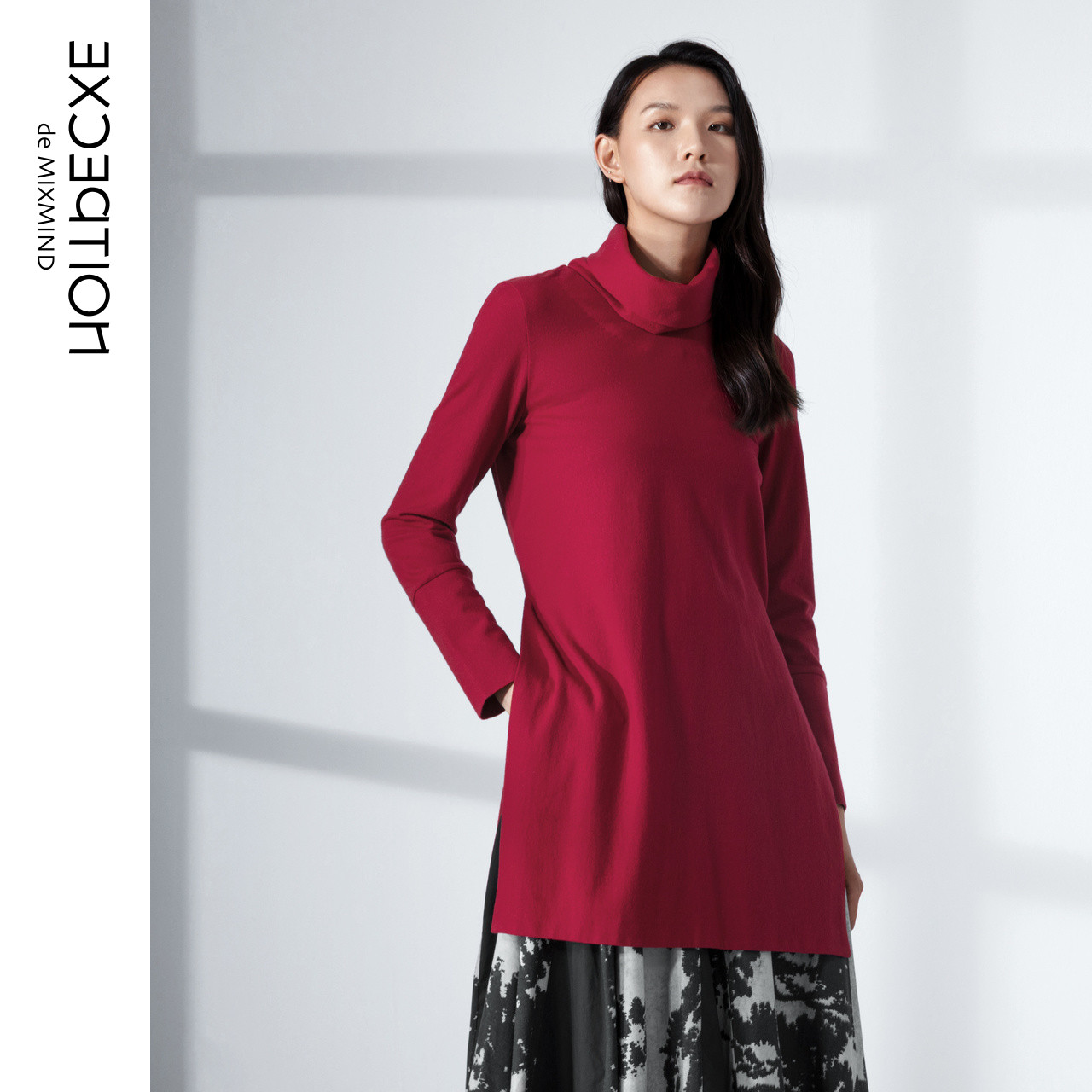 EXCEPTION例外女装印花长袖套头衫 纯羊毛宽松立领T