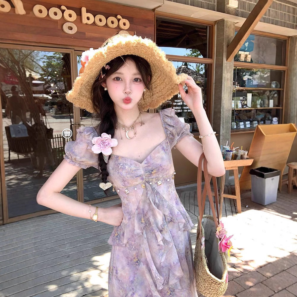 超仙气质晕染公主裙夏季旅游度假拍照巨美显瘦荷叶边碎花连衣裙子