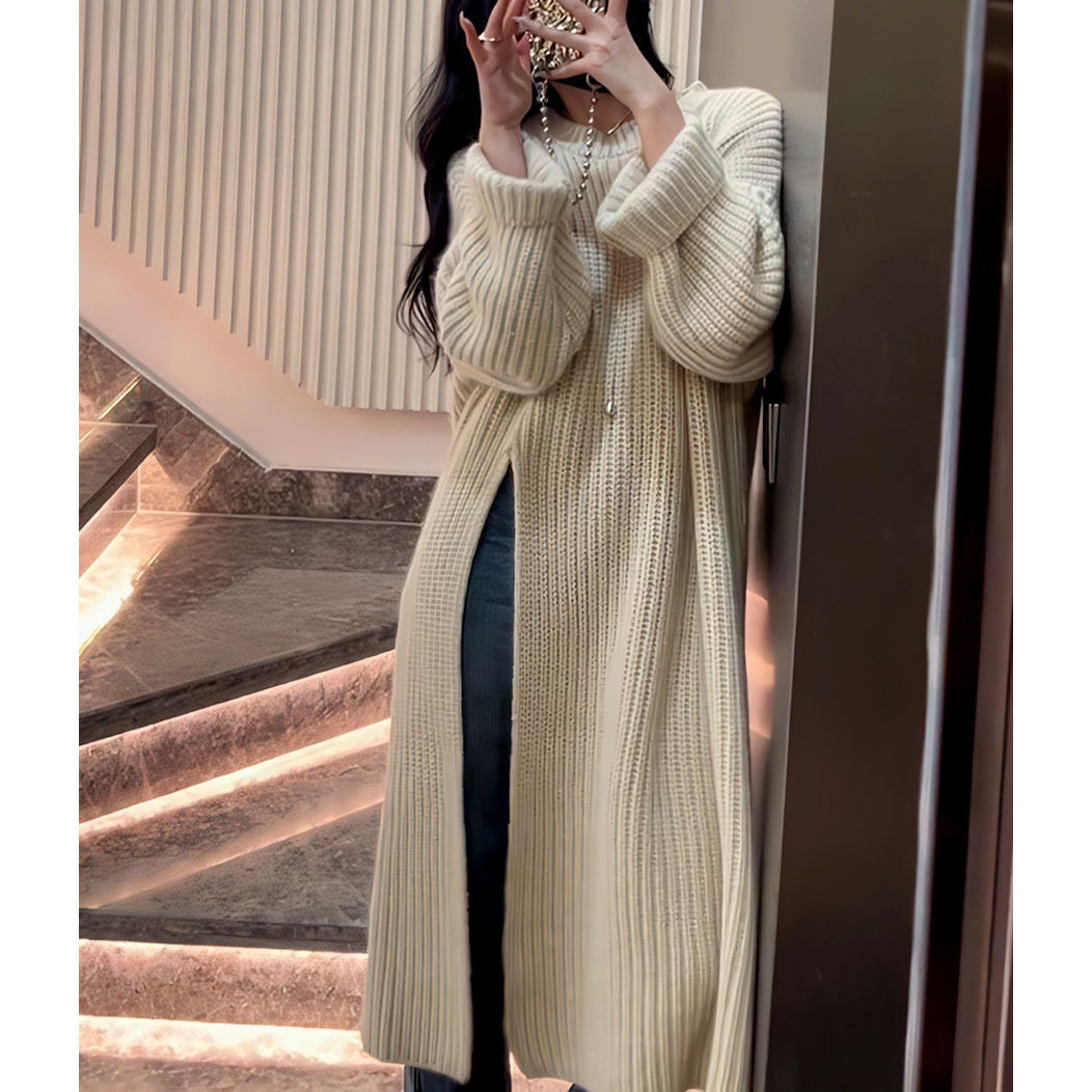 韩版慵懒风宽松针织连衣裙女秋冬新款侧开叉设计感中长款套头毛衣