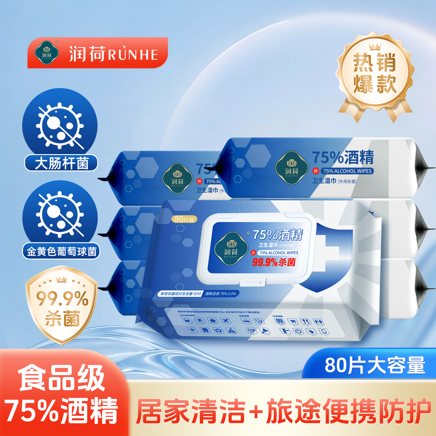 润荷75度酒精湿巾纸餐具清洁杀菌加大消毒棉片家用湿巾纸80片