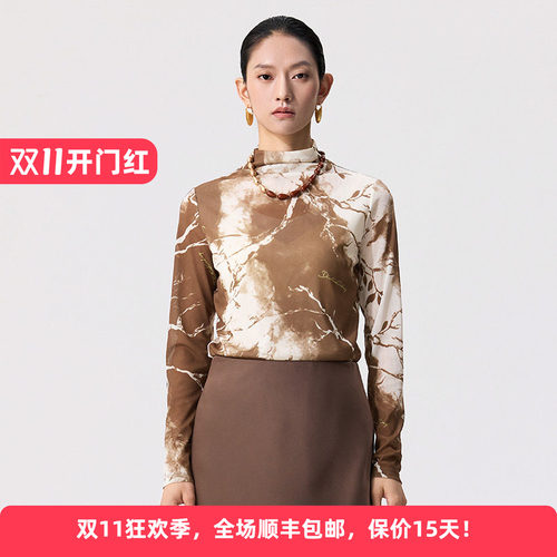 休闲设计感晕染印花上衣女打底衫