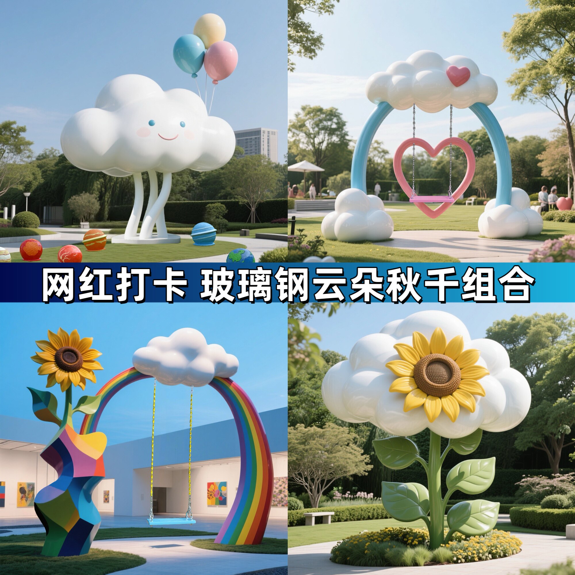 户外爱心云朵秋千玻璃钢网红打卡拍照景区美陈创意装饰大摆件雕塑