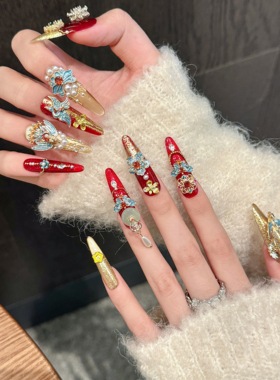 纯手工穿戴甲重工奢华满钻红色中式重工婚礼美甲长款高级感显白