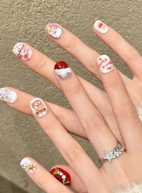 短款手工穿戴甲2025新款圣诞节限定红色系可爱手绘爆闪猫眼美甲