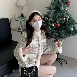 秋冬毛绒绒小香套装加厚复古千鸟格上衣+高腰半身裙两件套套装女
