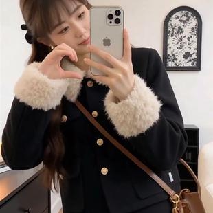 加绒加厚小香风套装冬胖mm高级感羊羔毛领短款外套半身裙子两件套