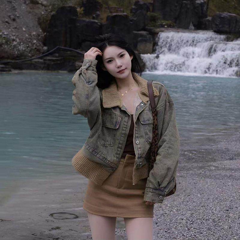 2025秋冬季新款港风复古牛仔外套保暖加绒加厚撞色翻领假两件上衣,女装/女士精品,时尚套装,淘宝优惠券,粉丝福利购,淘宝优惠卷