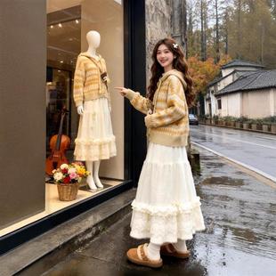 法式 蛋糕裙套装 独特漂亮小香风连衣裙 一整套裙针织开衫 巨好看冬装