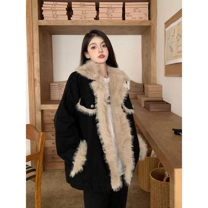 冬季新款复古拼接黑色毛毛牛仔外套女加绒加厚宽松中长款棉衣棉服,女装/女士精品,时尚套装,淘宝优惠券,粉丝福利购,淘宝优惠卷