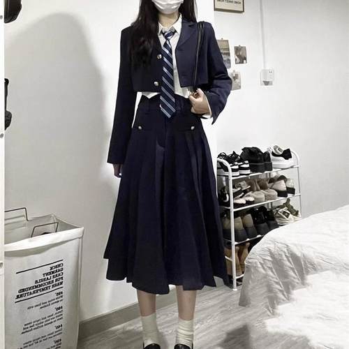 韩系学院风jk制服套装春秋季英伦风短款小西装外套百褶长裙三件套