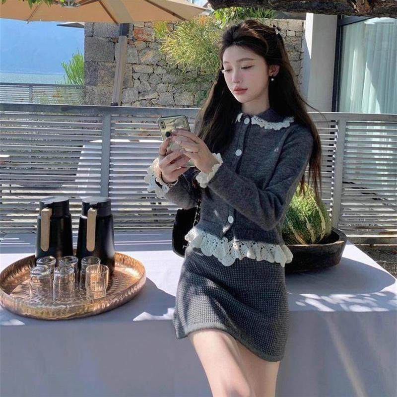 新款少女感小香风针织开衫娃娃领紧身包臀短裙小个子套装两件套,女装/女士精品,时尚套装,淘宝优惠券,粉丝福利购,淘宝优惠卷