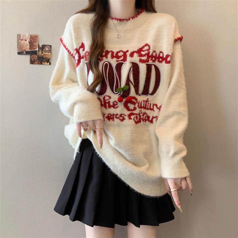 圆领字母提花针织长袖上衣女春秋季大码胖MM美式宽松复古打底毛衣,女装/女士精品,时尚套装,淘宝优惠券,粉丝福利购,淘宝优惠卷