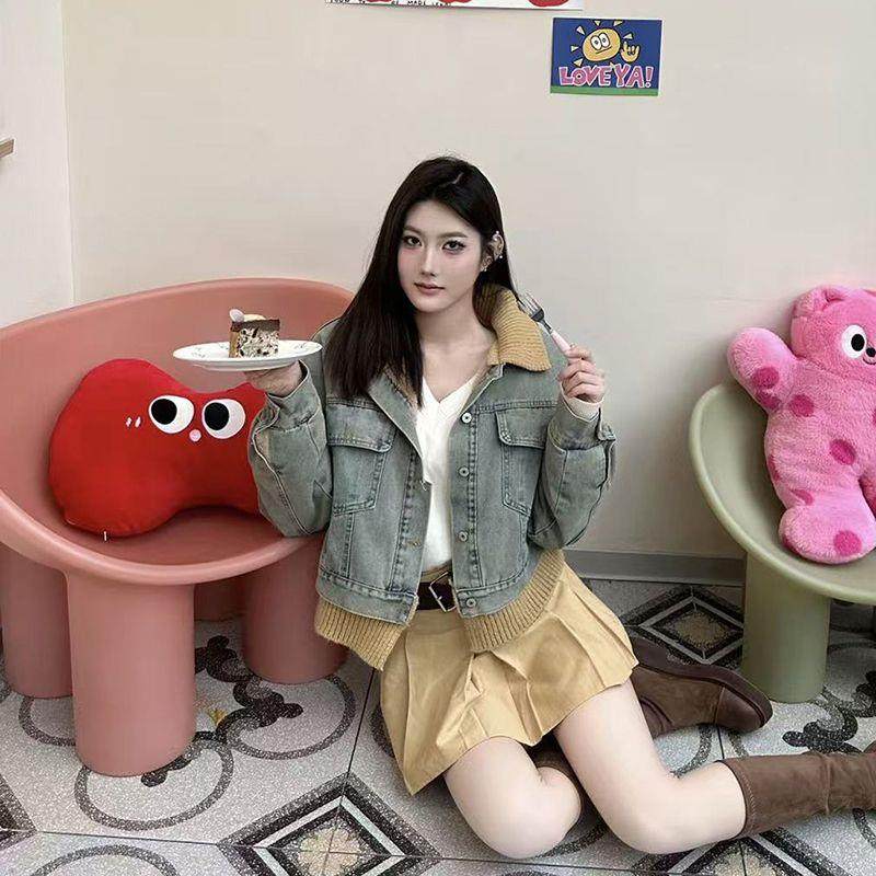 秋冬新款美式复古慵懒风撞色翻领牛仔加绒外套女小众休闲风上衣潮,女装/女士精品,时尚套装,淘宝优惠券,粉丝福利购,淘宝优惠卷