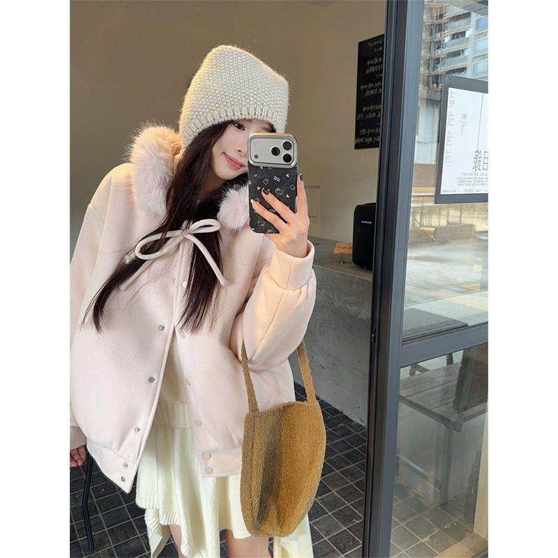 学院风蓝色蝴蝶结连帽毛领毛呢外套女秋冬小个子宽松加厚呢子上衣,女装/女士精品,时尚套装,淘宝优惠券,粉丝福利购,淘宝优惠卷