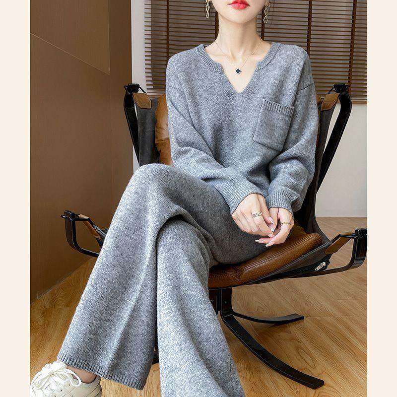 秋冬慵懒风两件套V领外穿毛衣针织衫阔腿裤新款时尚气质上衣套装,女装/女士精品,时尚套装,淘宝优惠券,粉丝福利购,淘宝优惠卷