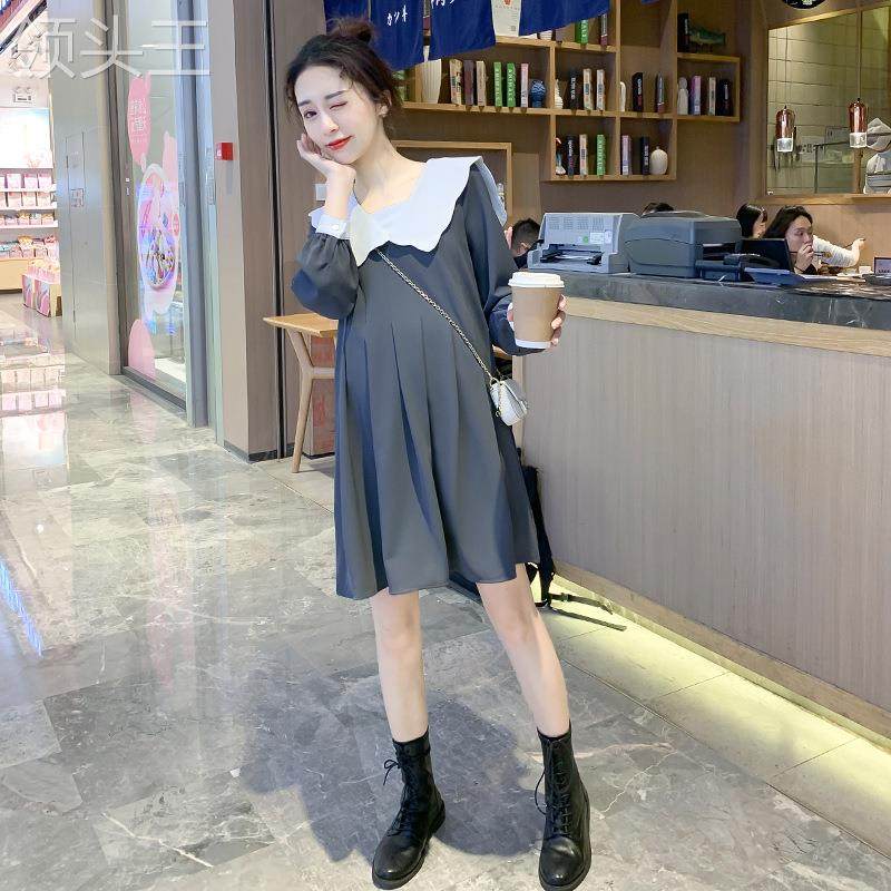 2022春装新款网红孕妇秋云朵方领撞色褶皱时尚减龄甜美潮妈连衣裙