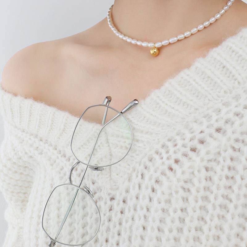 法式小众轻奢淡水珍珠diy项链女 钛钢圆珠吊坠镀18K金首饰品 P104