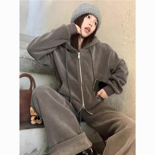 新款套装女纯色连帽卫衣外套秋冬季高腰加绒阔腿裤休闲裤两件套女
