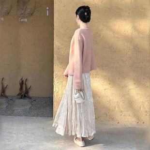 200斤 小香风粉色蝴蝶结针织毛衣半身裙两件套装 大码 胖mm秋冬法式