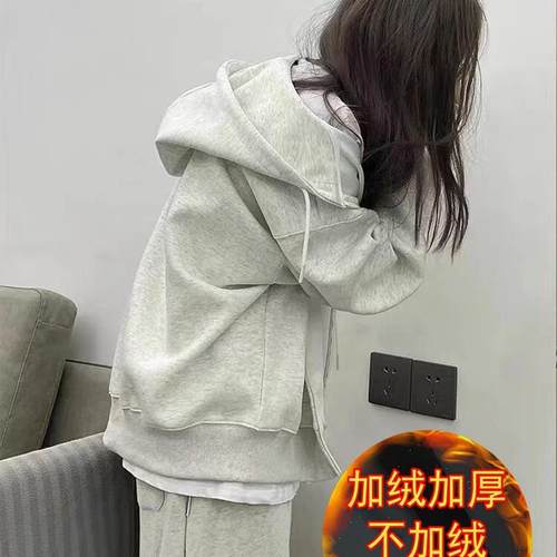 棉质加绒运动套装女秋冬季chic学院风宽松连帽学生卫衣时尚两件套