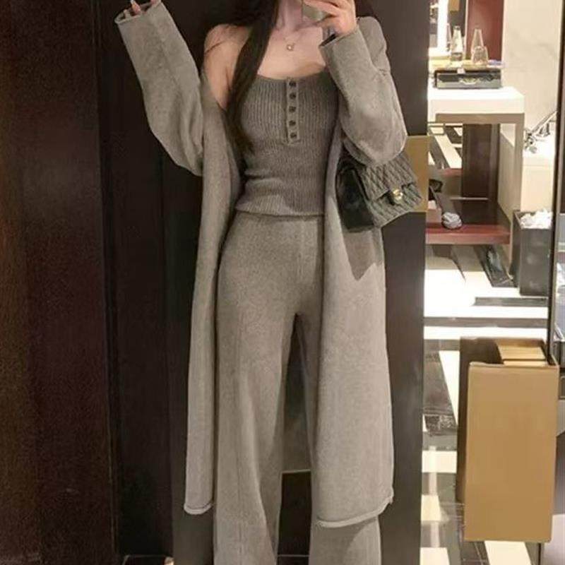 灰色开衫毛衣外套套装女秋冬季加厚显瘦吊带背心针织阔腿裤三件套,女装/女士精品,时尚套装,淘宝优惠券,粉丝福利购,淘宝优惠卷