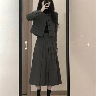 外套高腰半身裙百褶裙两件套 学院气质小个子短款 25年毛呢套装 新款