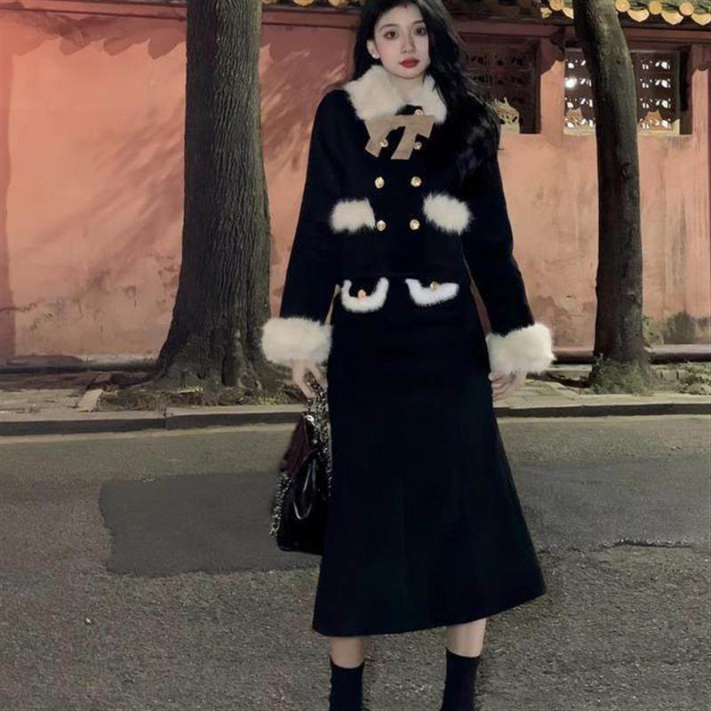 小香风毛毛领夹棉加厚毛呢外套女秋冬套装包臀半身裙长裙子两件套,女装/女士精品,时尚套装,淘宝优惠券,粉丝福利购,淘宝优惠卷
