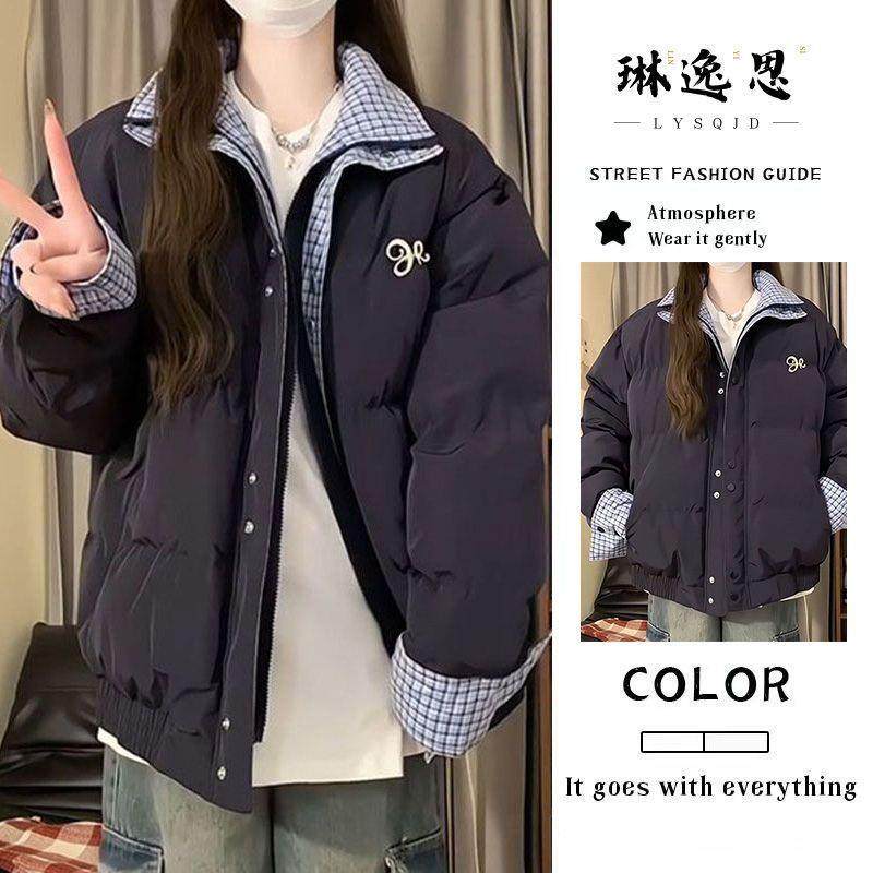 美式学院风蓝格假两件拼接棉服外套女2025冬季宽松加厚保暖面包服,女装/女士精品,时尚套装,淘宝优惠券,粉丝福利购,淘宝优惠卷