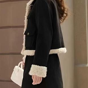 香风加厚灯芯绒时尚冬季新款短外套高级毛绒拼接外套两件套短款