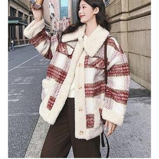 红色复古格子羊羔毛绒外套女娃娃领秋冬季新款加厚减龄英伦风棉服