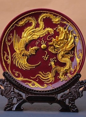 高档支架紫砂朱砂龙凤呈祥盘子摆件高档客厅装饰艺品送礼新人新婚